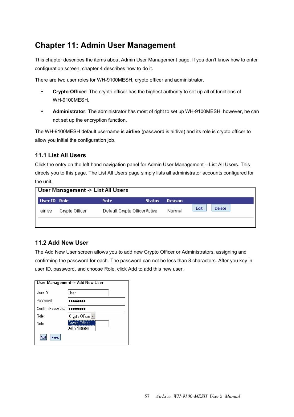 Chapter 11: admin user management, 1 list all users, 2 add new user | 3 user password policy, 1 list all users 11.2 add new user | AirLive WH-9100MESH User Manual | Page 58 / 74