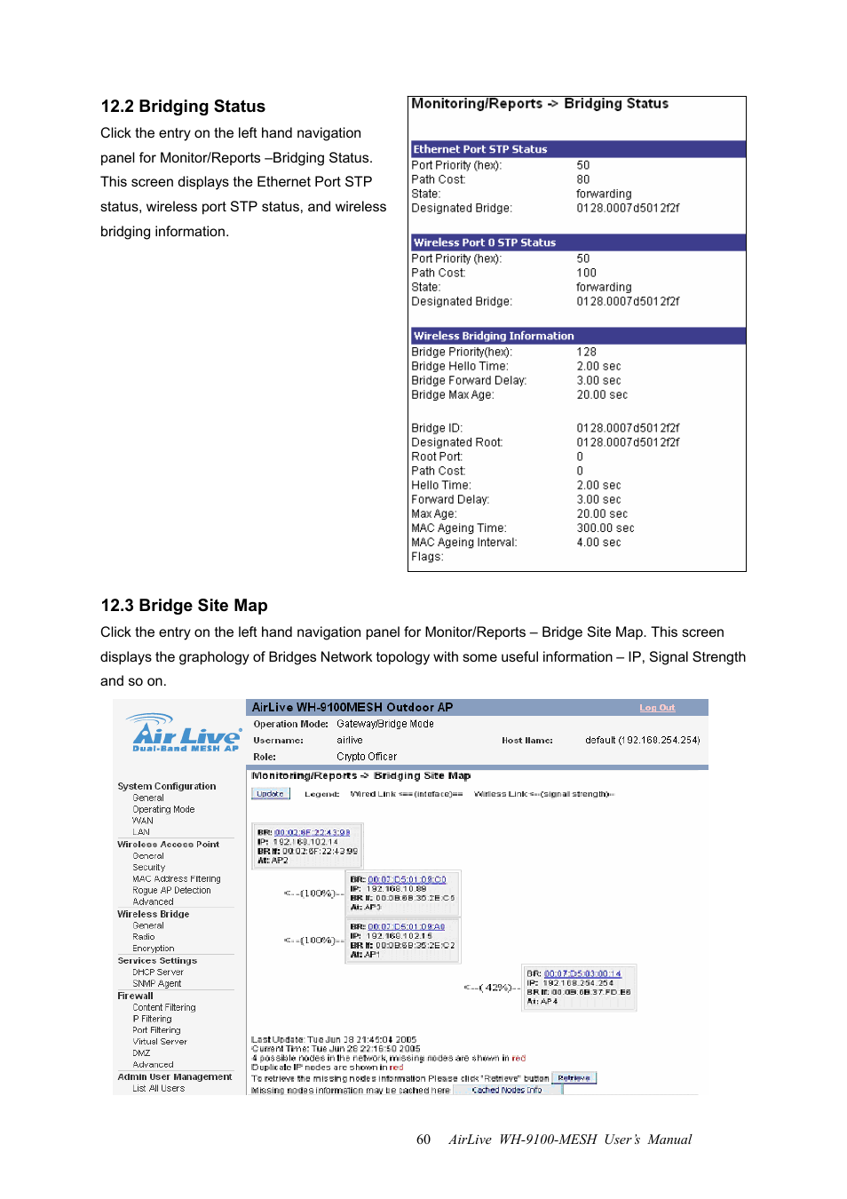 2 bridging status, 3 bridge site map, 2 bridging status 12.3 bridge site map | AirLive WH-9100MESH User Manual | Page 61 / 74