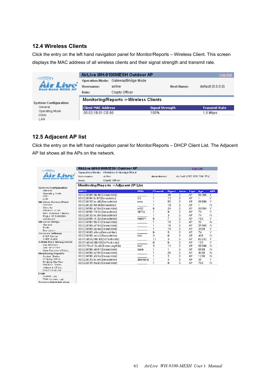 4 wireless clients, 5 adjacent ap list, 4 wireless clients 12.5 adjacent ap list | AirLive WH-9100MESH User Manual | Page 62 / 74