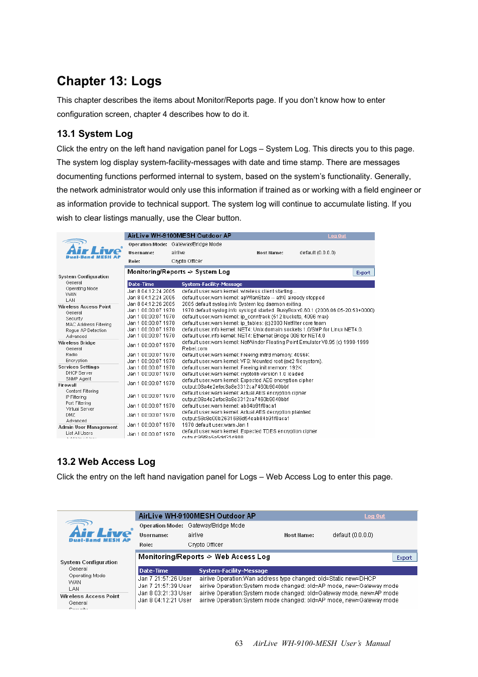 Chapter 13: logs, 1 system log, 2 web access log | 1 system log 13.2 web access log | AirLive WH-9100MESH User Manual | Page 64 / 74