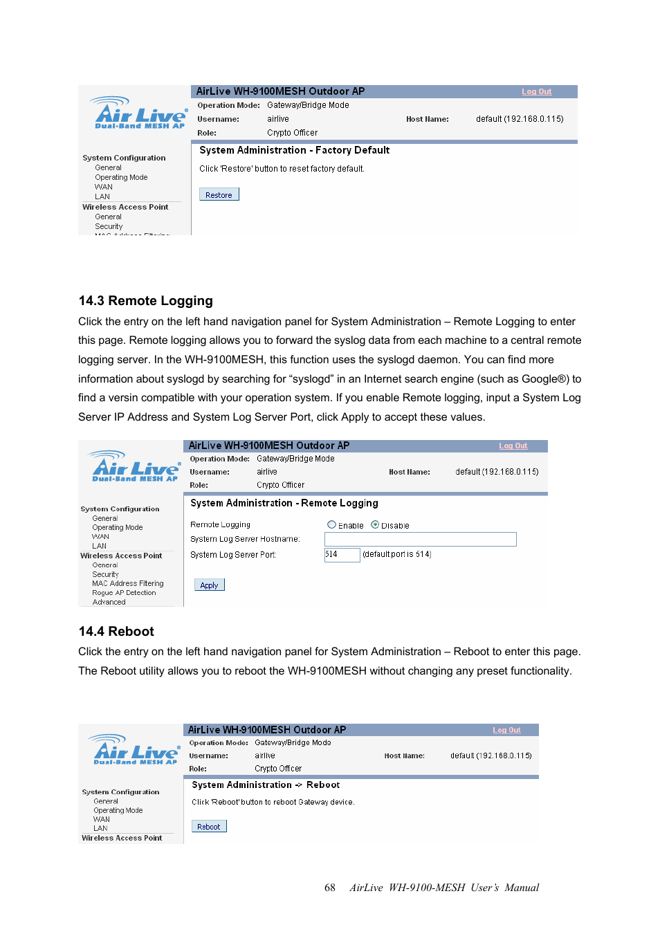 3 remote logging, 4 reboot, 3 remote logging 14.4 reboot | AirLive WH-9100MESH User Manual | Page 69 / 74