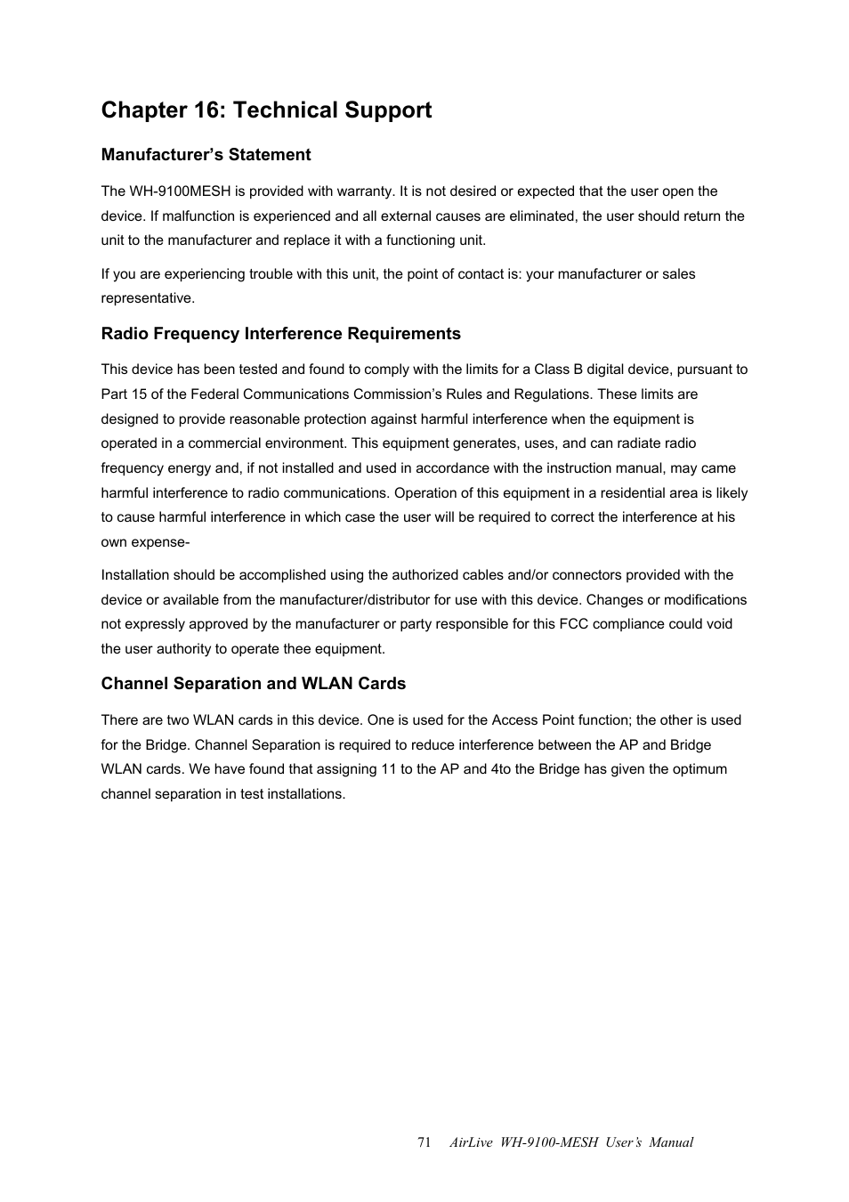 Chapter 16: technical support | AirLive WH-9100MESH User Manual | Page 72 / 74