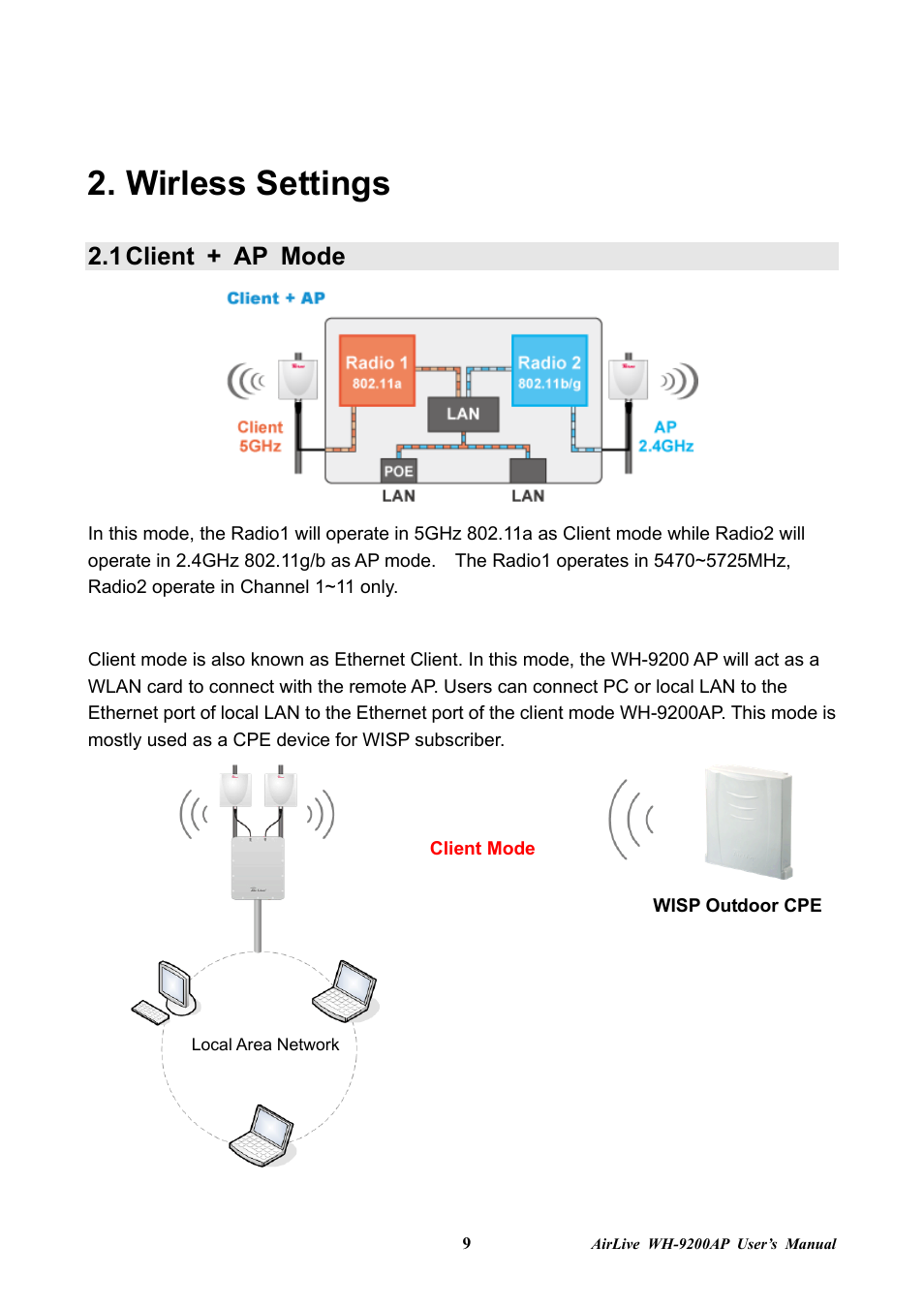 Wirless settings, 1 client + ap mode, Client + ap mode | AirLive WH-9200AP User Manual | Page 11 / 33