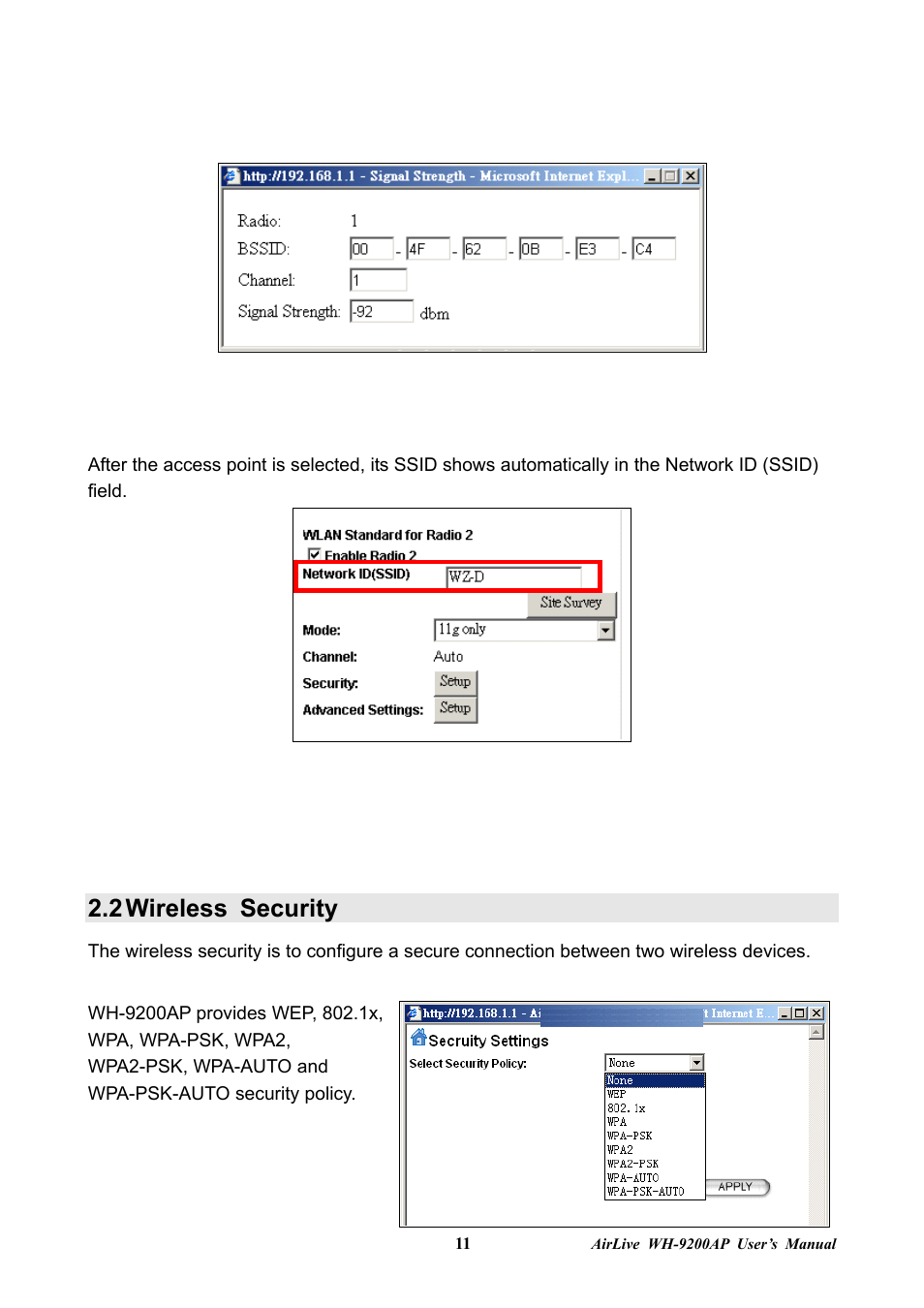 2 wireless security, Wireless security | AirLive WH-9200AP User Manual | Page 13 / 33
