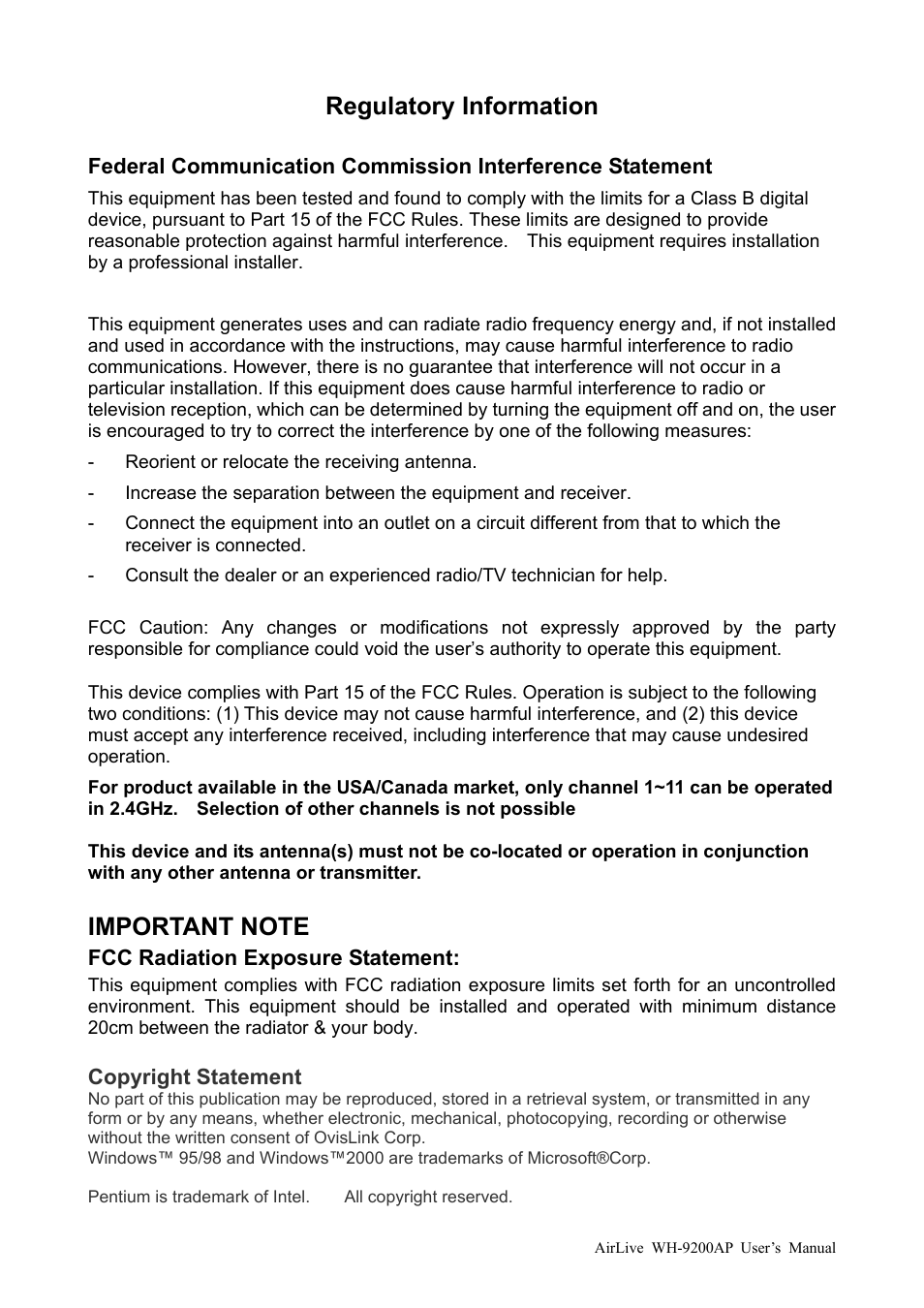 Regulatory information | AirLive WH-9200AP User Manual | Page 2 / 33