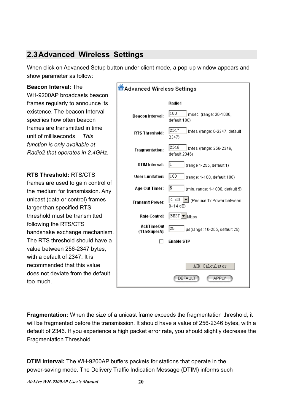 3 advanced wireless settings, Advanced wireless settings | AirLive WH-9200AP User Manual | Page 22 / 33