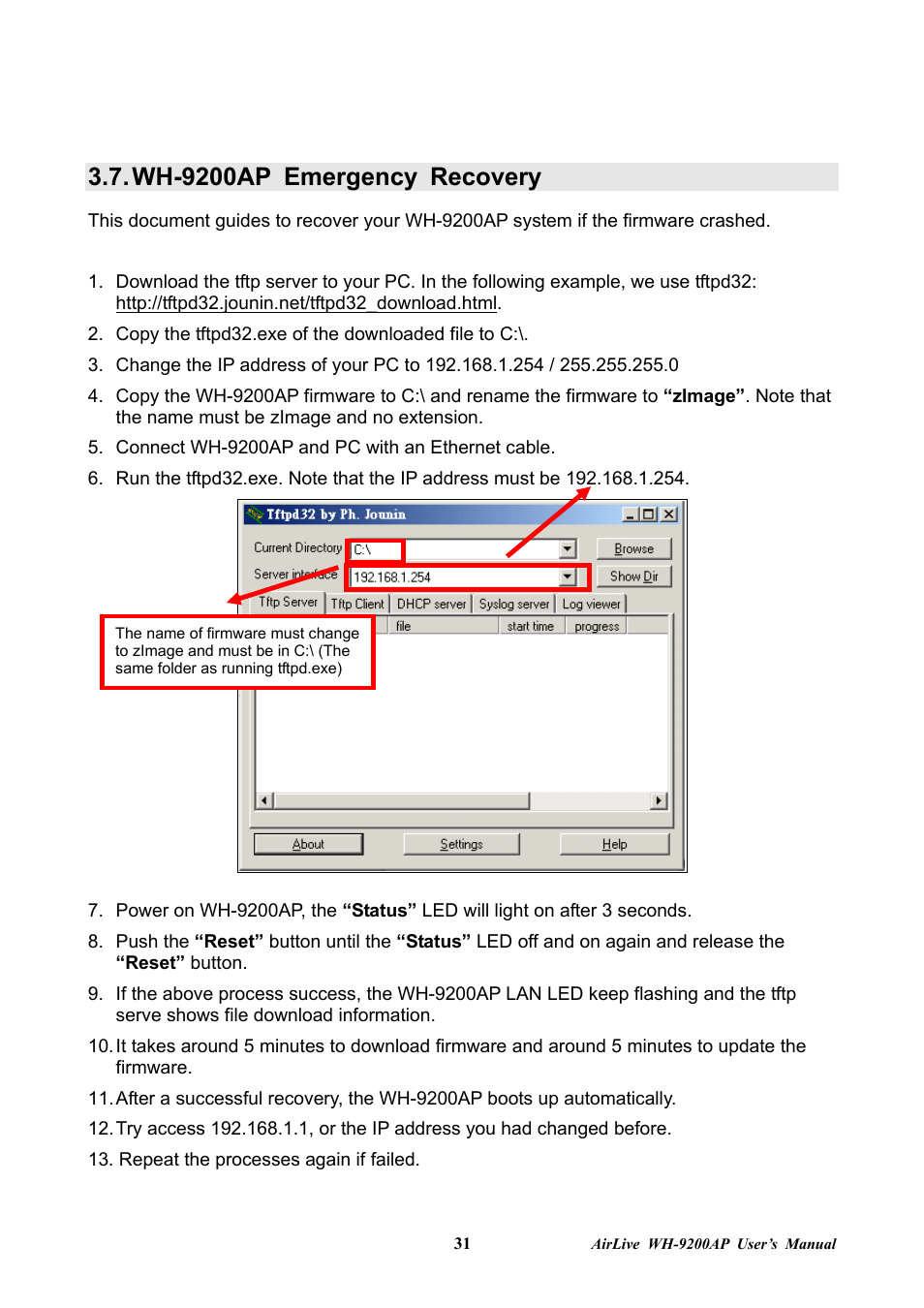 Wh-9200ap emergency recovery | AirLive WH-9200AP User Manual | Page 33 / 33