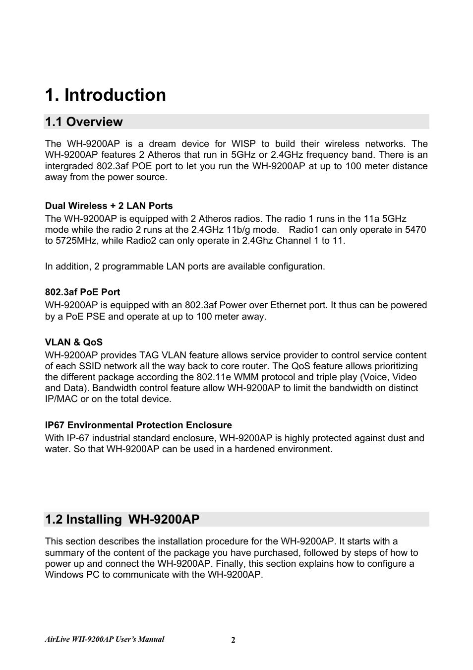 Introduction, 1 overview, 2 installing wh-9200ap | AirLive WH-9200AP User Manual | Page 4 / 33