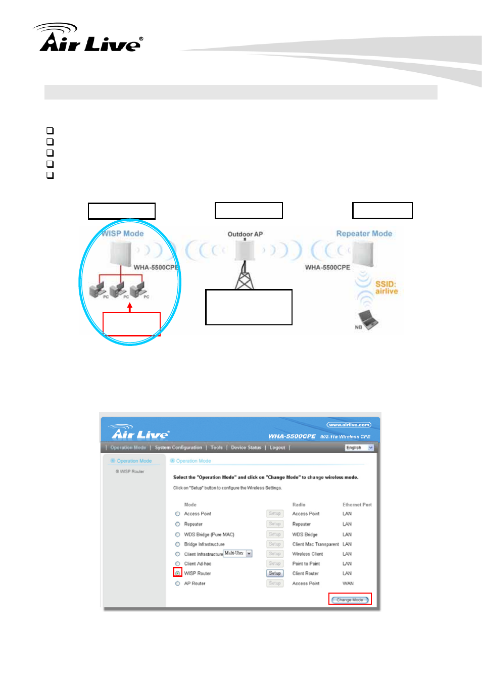 2 wha-5500cpe in wisp router mode, 1 wisp router: wireless settings | AirLive WHA-5500CPE User Manual | Page 129 / 161