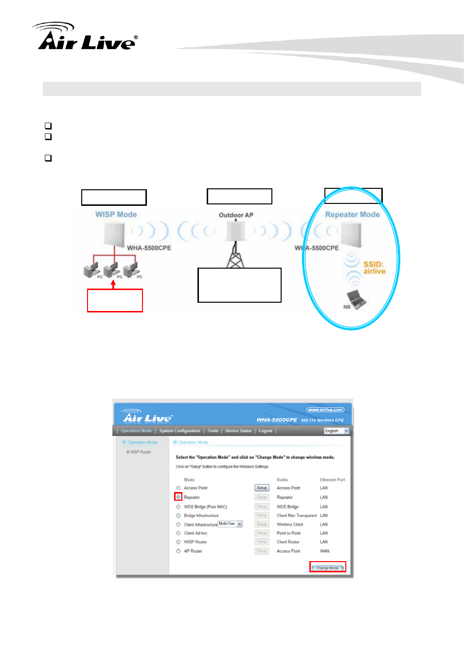 3 wha-5500cpe in repeater mode, 1 repeater router: wireless settings | AirLive WHA-5500CPE User Manual | Page 134 / 161