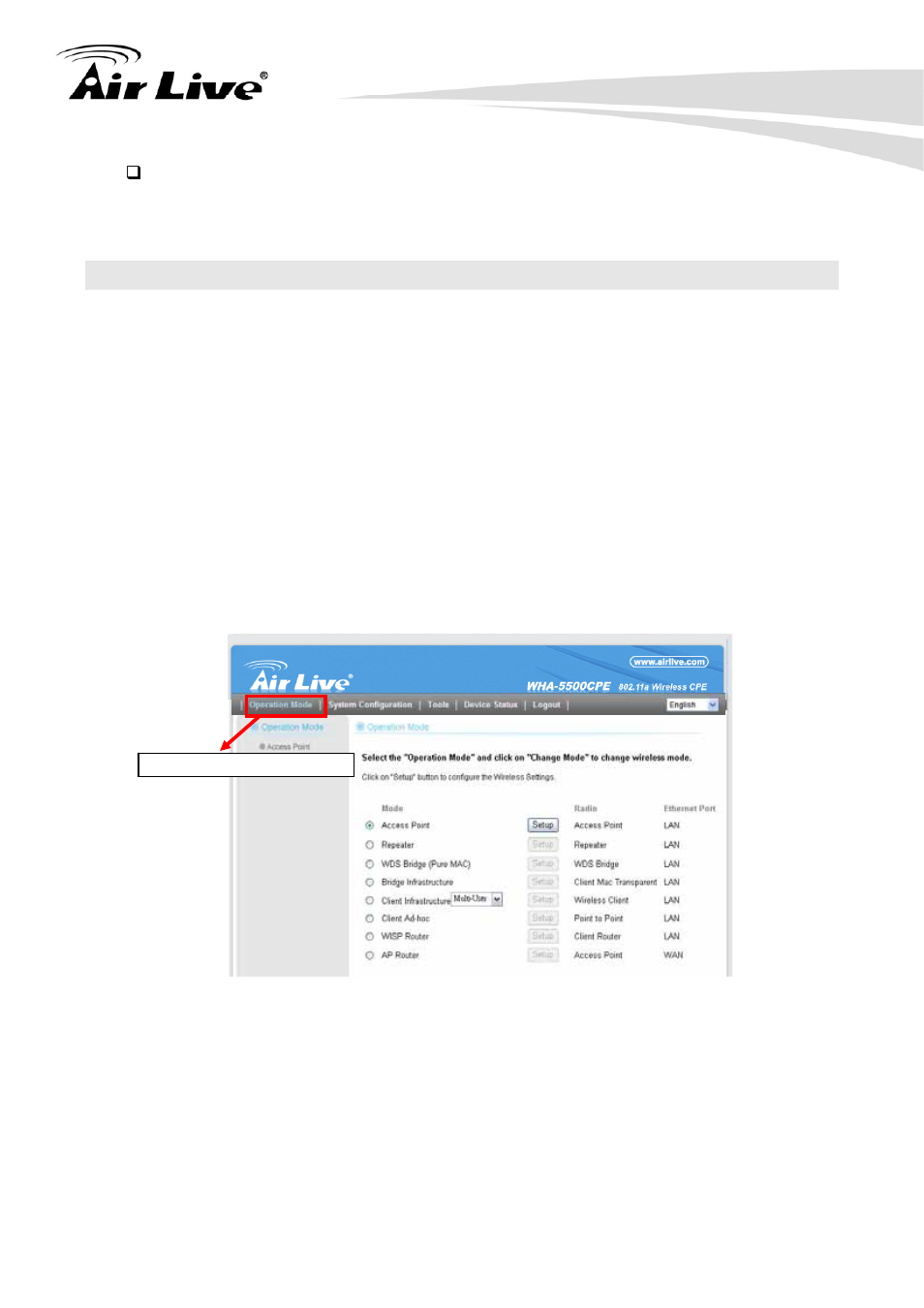 5 initial configurations, 1 choose the wireless operation modes | AirLive WHA-5500CPE User Manual | Page 31 / 161