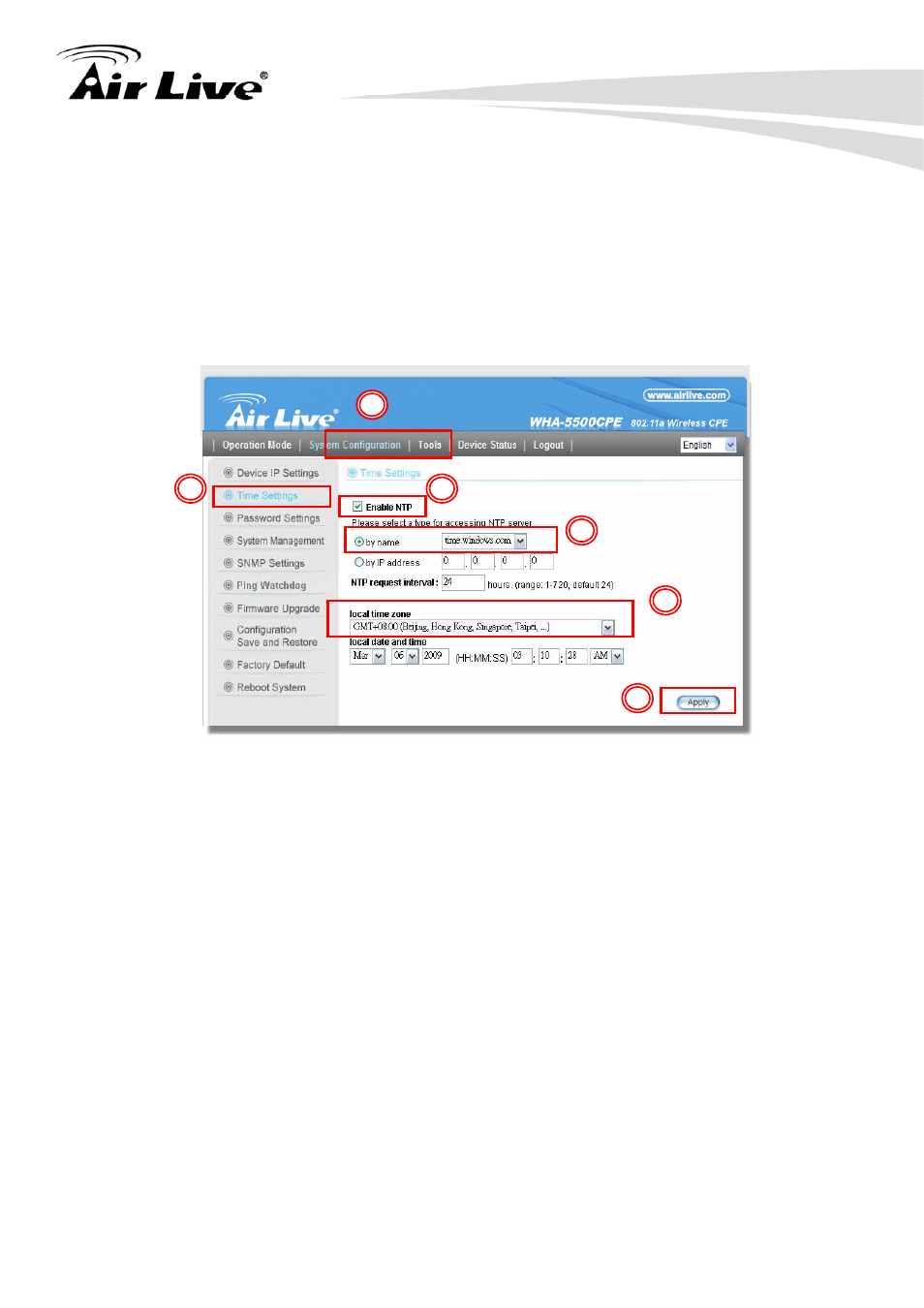 4 set the time and date, 5 change system management | AirLive WHA-5500CPE User Manual | Page 34 / 161