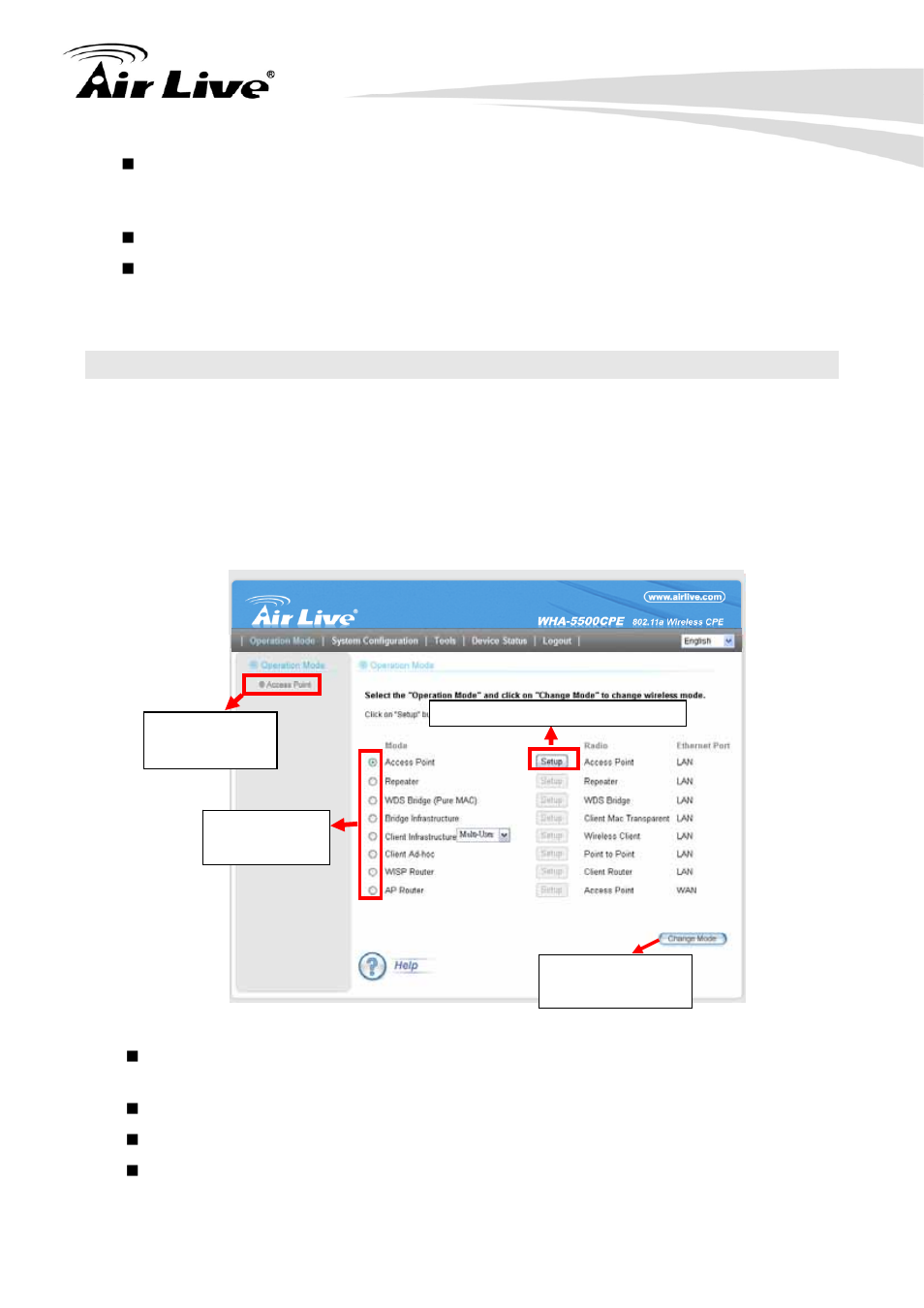 2 operation modes (wireless and wan settings) | AirLive WHA-5500CPE User Manual | Page 37 / 161