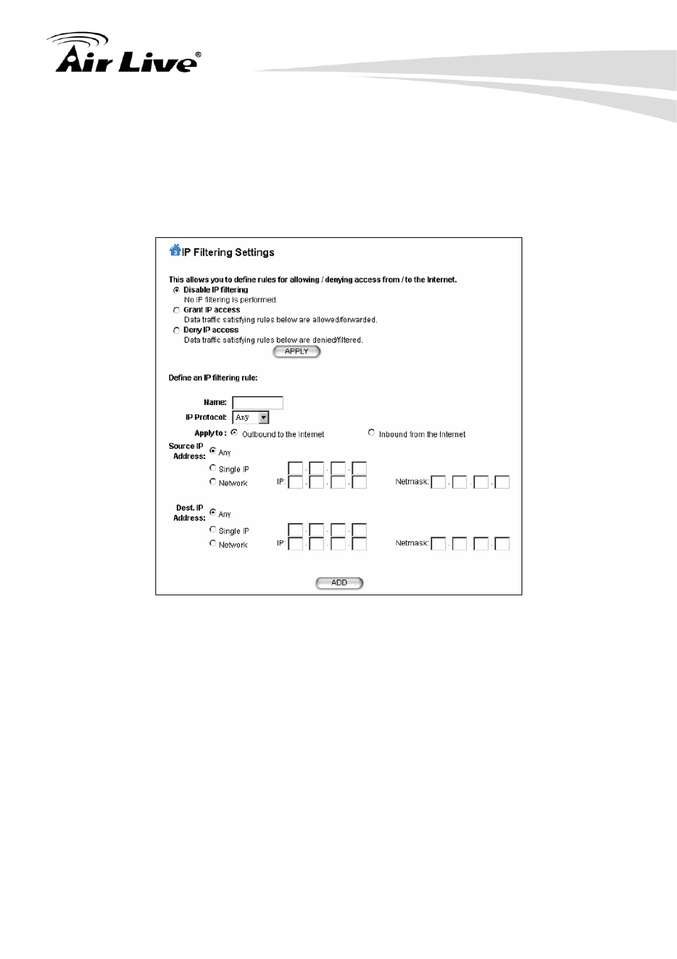 11 ip filtering settings | AirLive WHA-5500CPE User Manual | Page 73 / 161