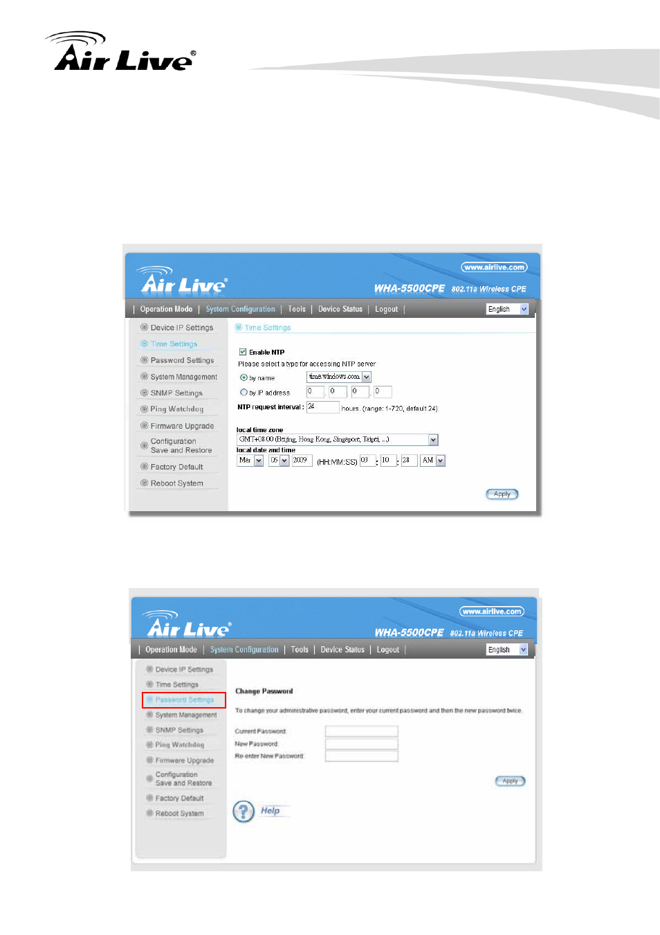 2 time settings 5.1.3 password settings | AirLive WHA-5500CPE User Manual | Page 76 / 161