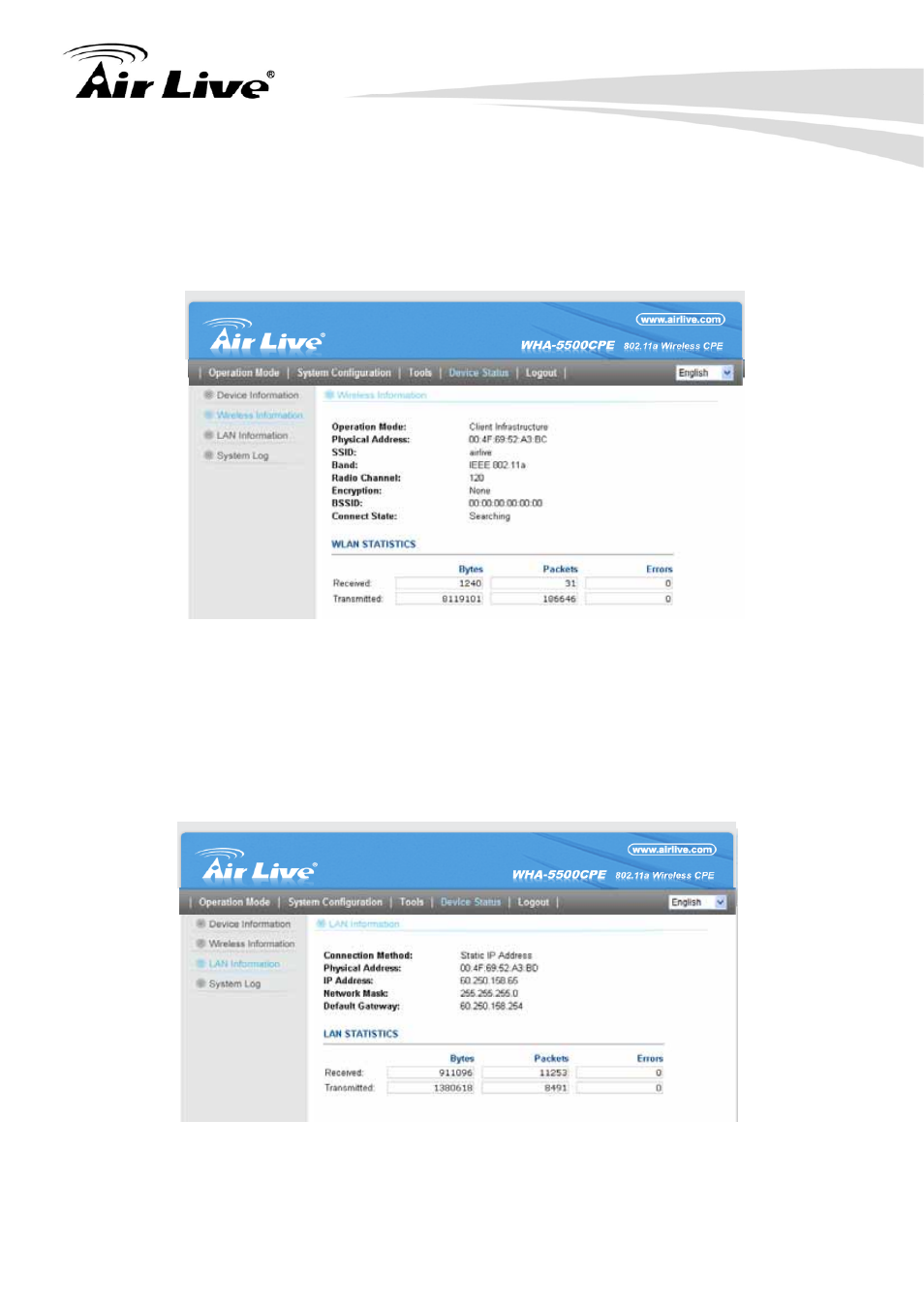 2 wireless information 5.3.3 internet information, 2 wireless information, 3 internet information | AirLive WHA-5500CPE User Manual | Page 84 / 161