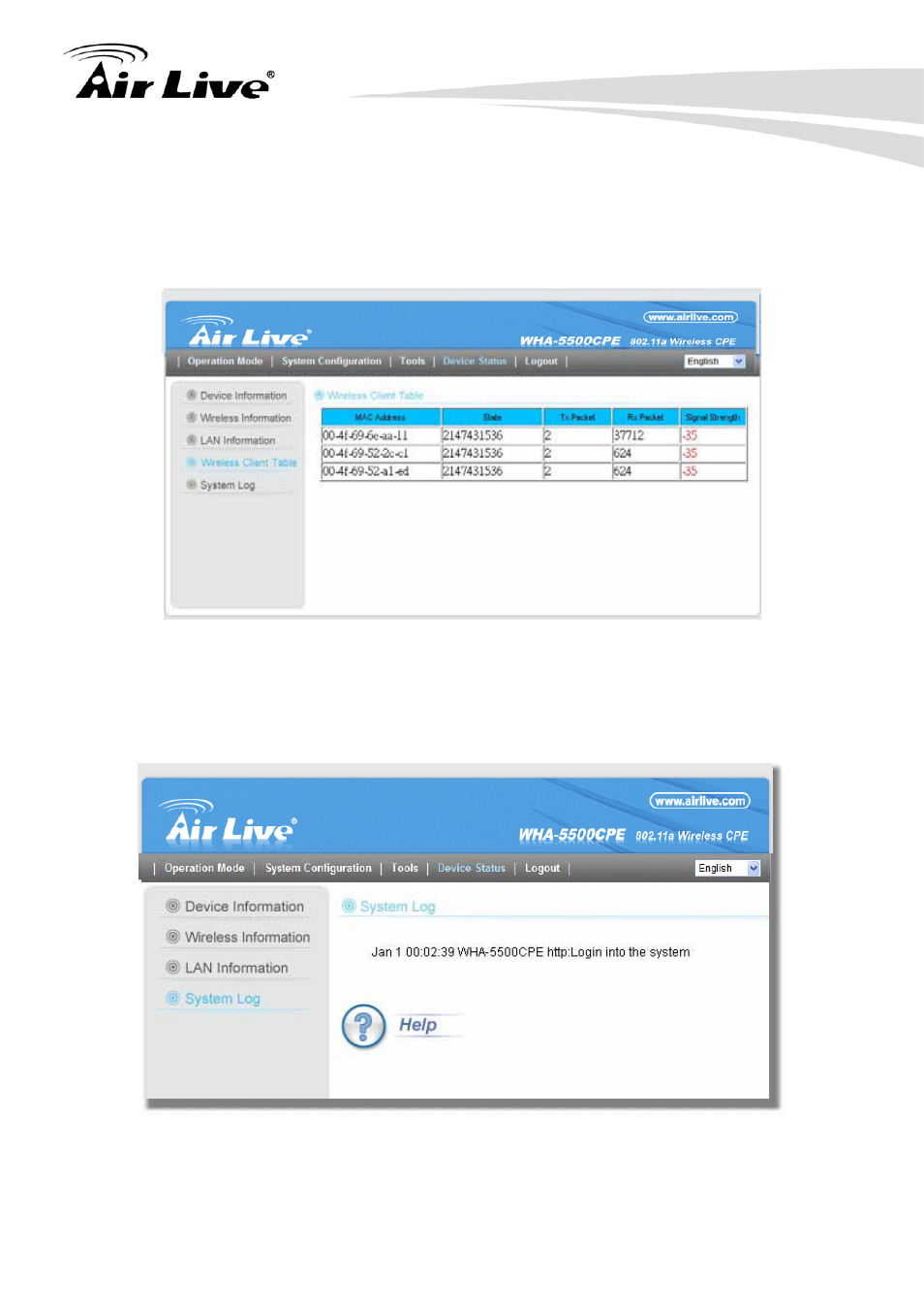 4 wireless client table 5.3.5 system log, 4 wireless client table, 5 system log | AirLive WHA-5500CPE User Manual | Page 85 / 161