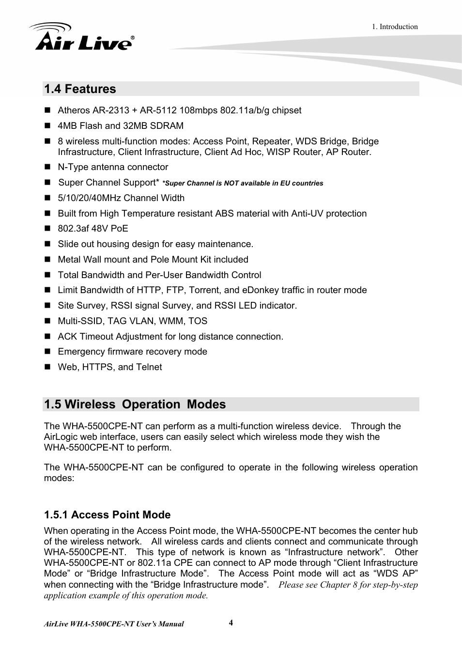 4 features, 5 wireless operation modes, 1 access point mode | AirLive WHA-5500CPE-NT User Manual | Page 10 / 161