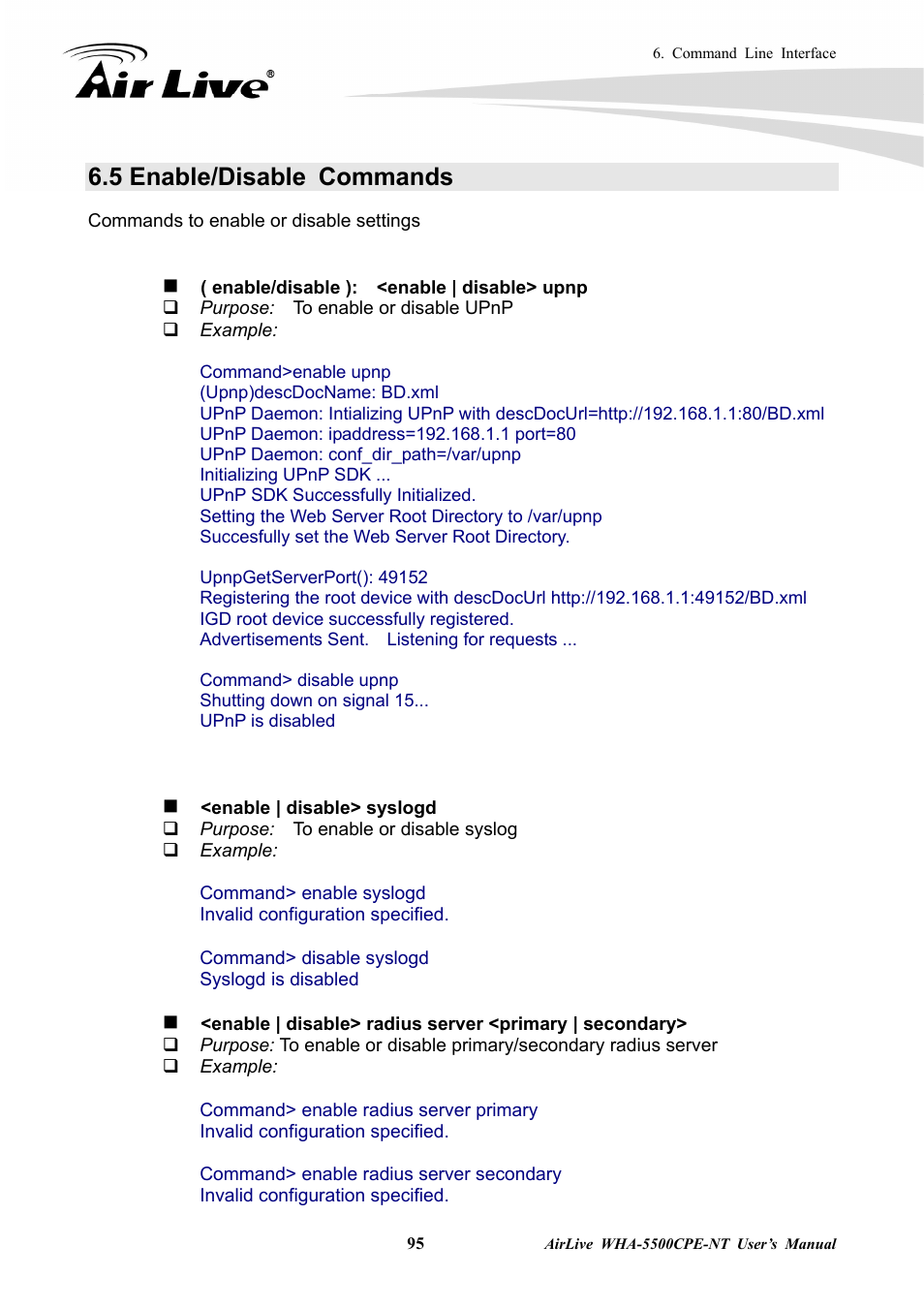 5 enable/disable commands | AirLive WHA-5500CPE-NT User Manual | Page 101 / 161