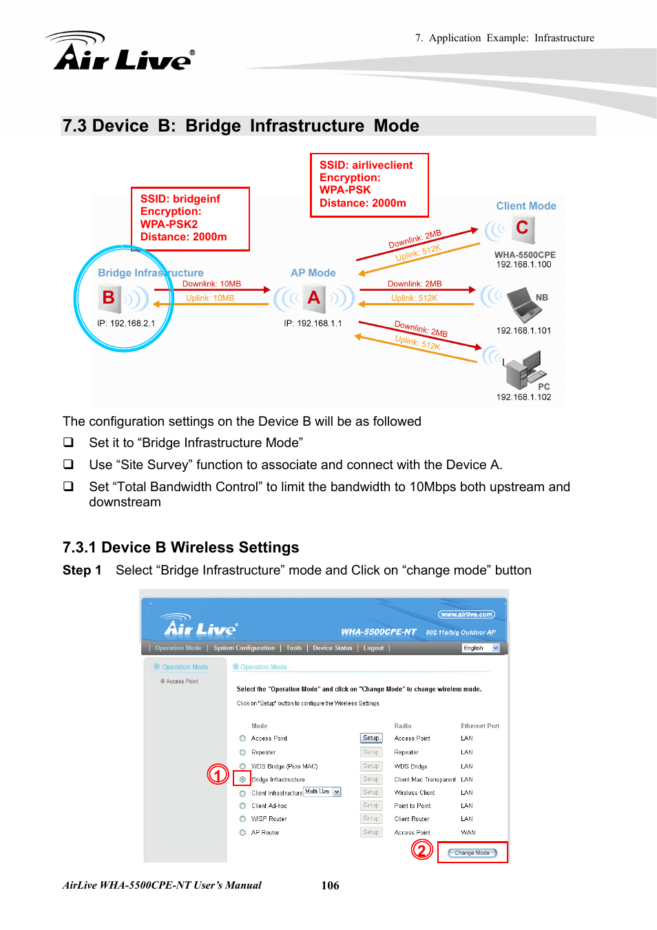 3 device b: bridge infrastructure mode, 1 device b wireless settings | AirLive WHA-5500CPE-NT User Manual | Page 112 / 161