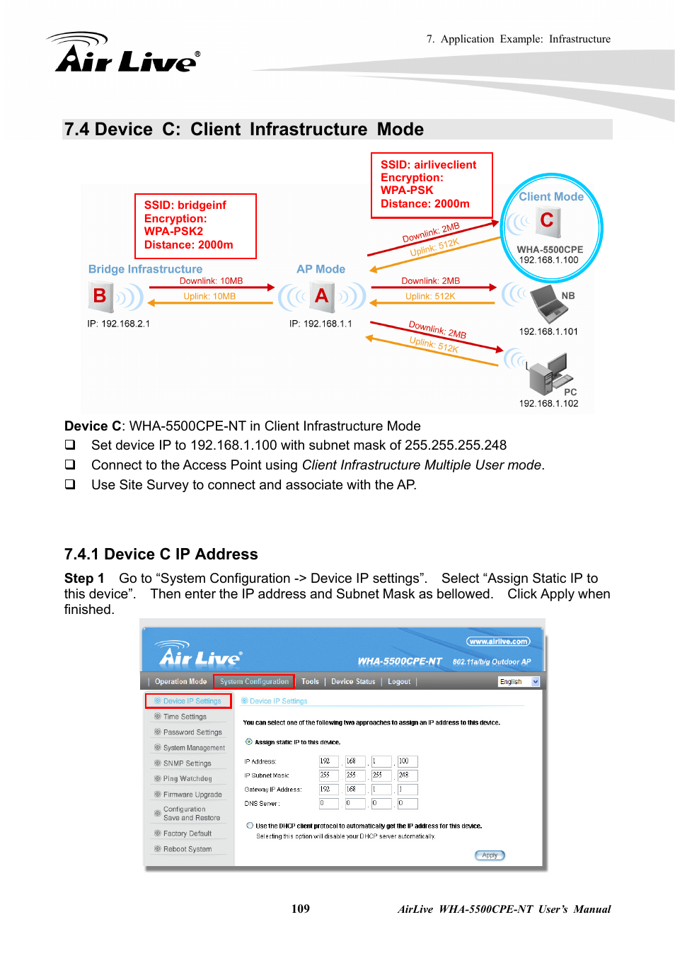 4 device c: client infrastructure mode, 1 device c ip address | AirLive WHA-5500CPE-NT User Manual | Page 115 / 161