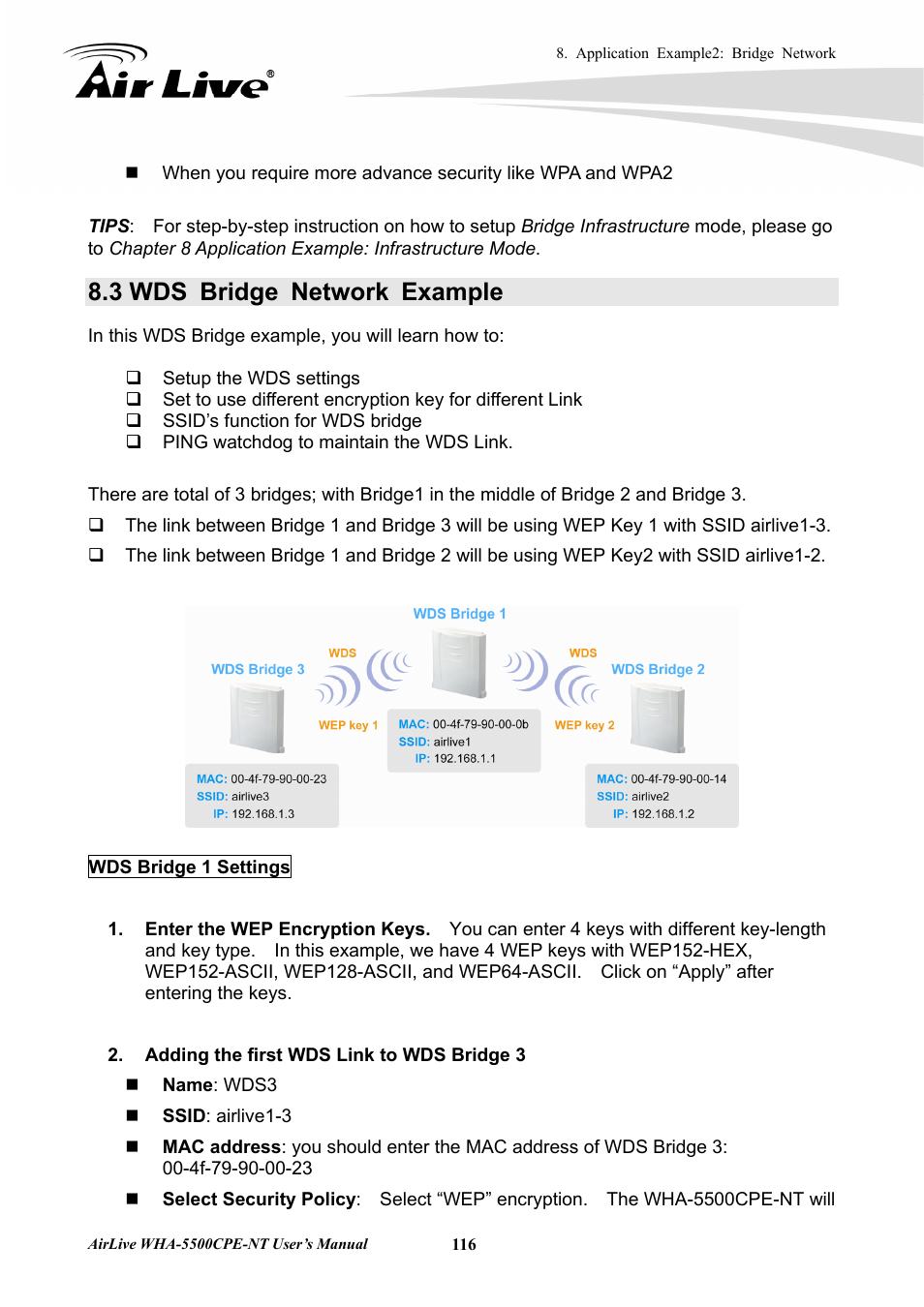 3 wds bridge network example | AirLive WHA-5500CPE-NT User Manual | Page 122 / 161