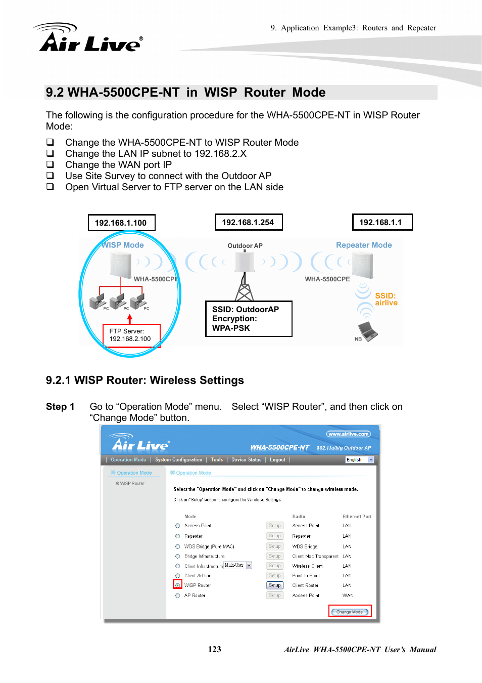 2 wha-5500cpe-nt in wisp router mode, 1 wisp router: wireless settings | AirLive WHA-5500CPE-NT User Manual | Page 129 / 161