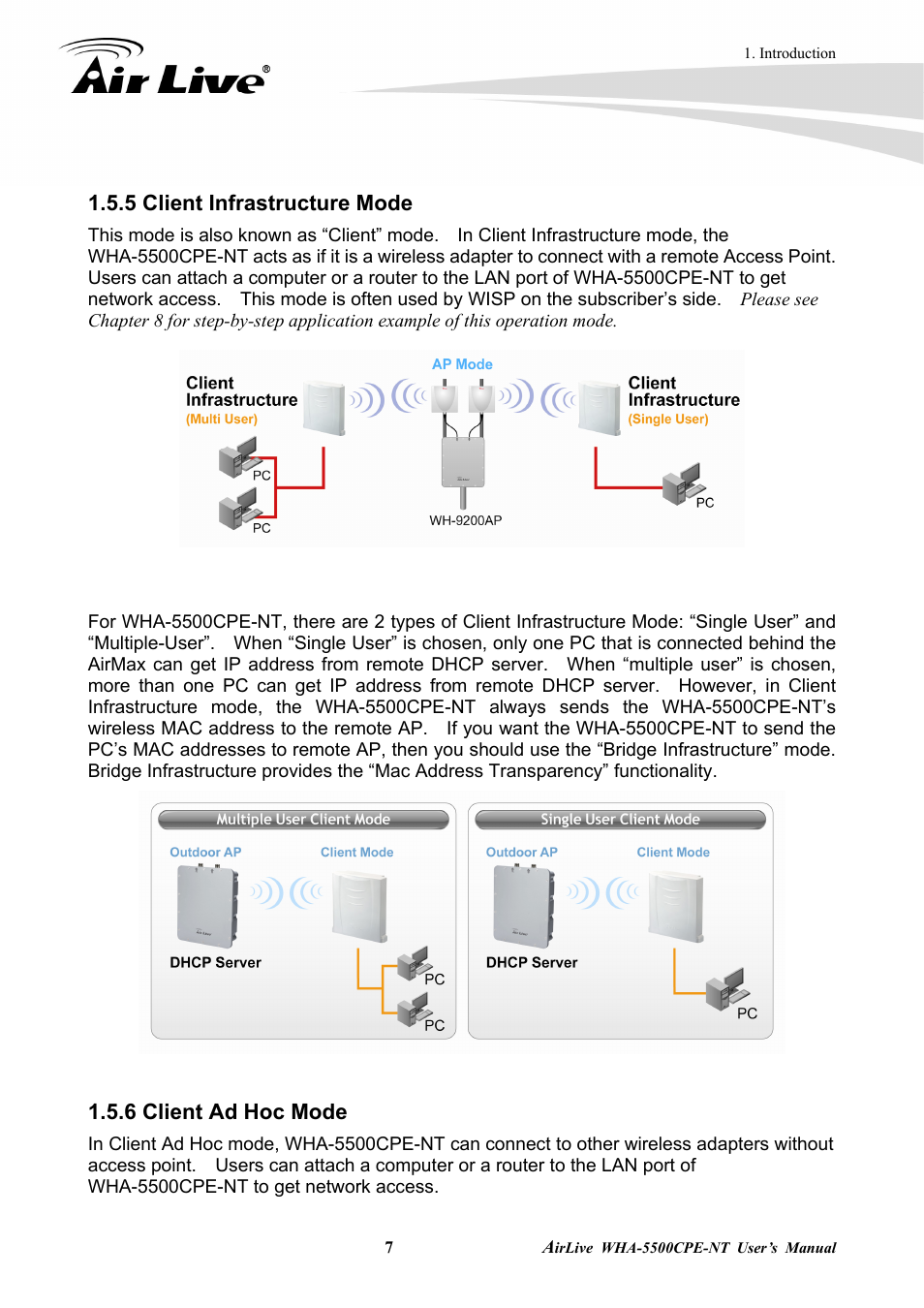 5 client infrastructure mode, 6 client ad hoc mode | AirLive WHA-5500CPE-NT User Manual | Page 13 / 161