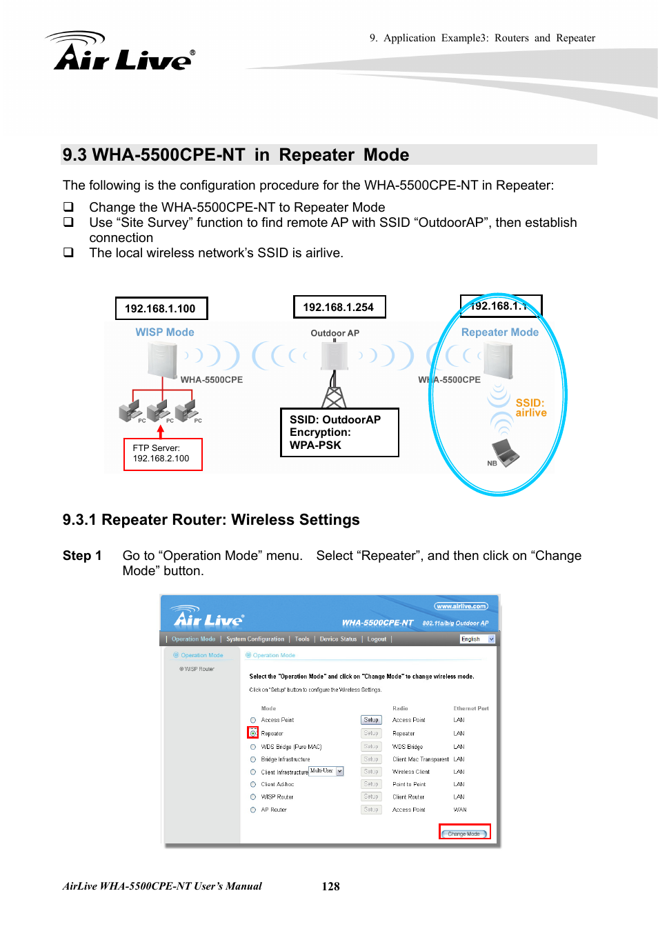 3 wha-5500cpe-nt in repeater mode, 1 repeater router: wireless settings | AirLive WHA-5500CPE-NT User Manual | Page 134 / 161