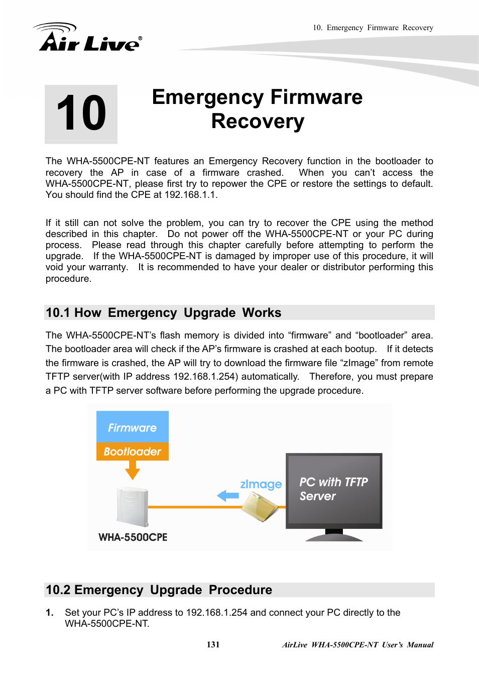 Emergency firmware recovery, 1 how emergency upgrade works, 2 emergency upgrade procedure | AirLive WHA-5500CPE-NT User Manual | Page 137 / 161