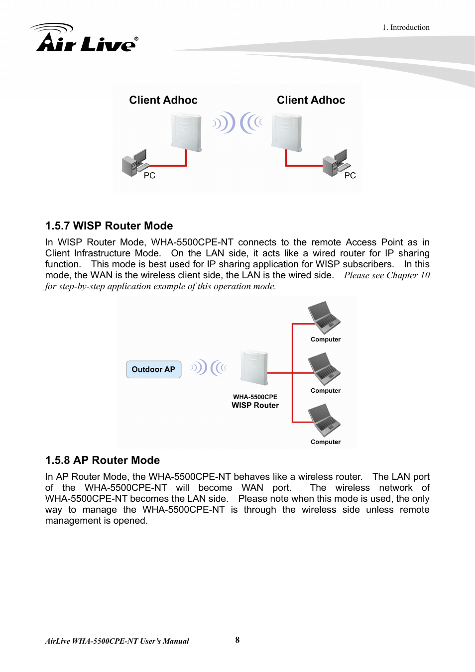 7 wisp router mode 1.5.8 ap router mode | AirLive WHA-5500CPE-NT User Manual | Page 14 / 161