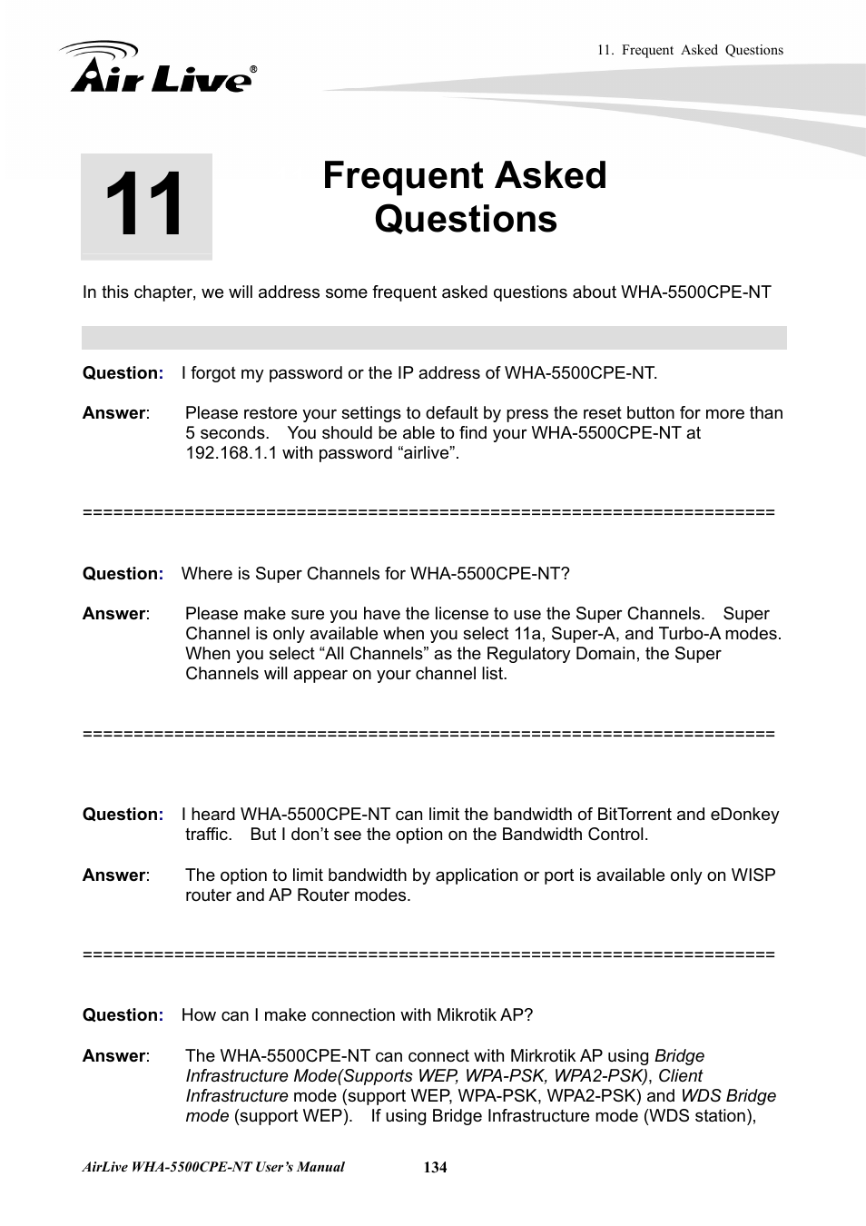 Frequent asked questions | AirLive WHA-5500CPE-NT User Manual | Page 140 / 161