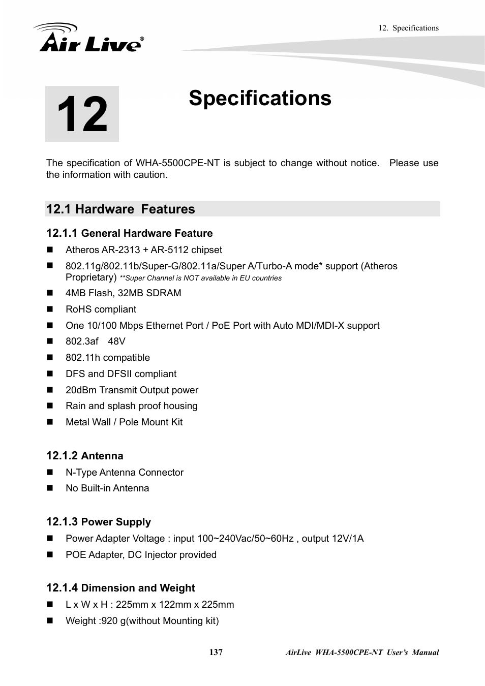 Specifications, 1 hardware features | AirLive WHA-5500CPE-NT User Manual | Page 143 / 161