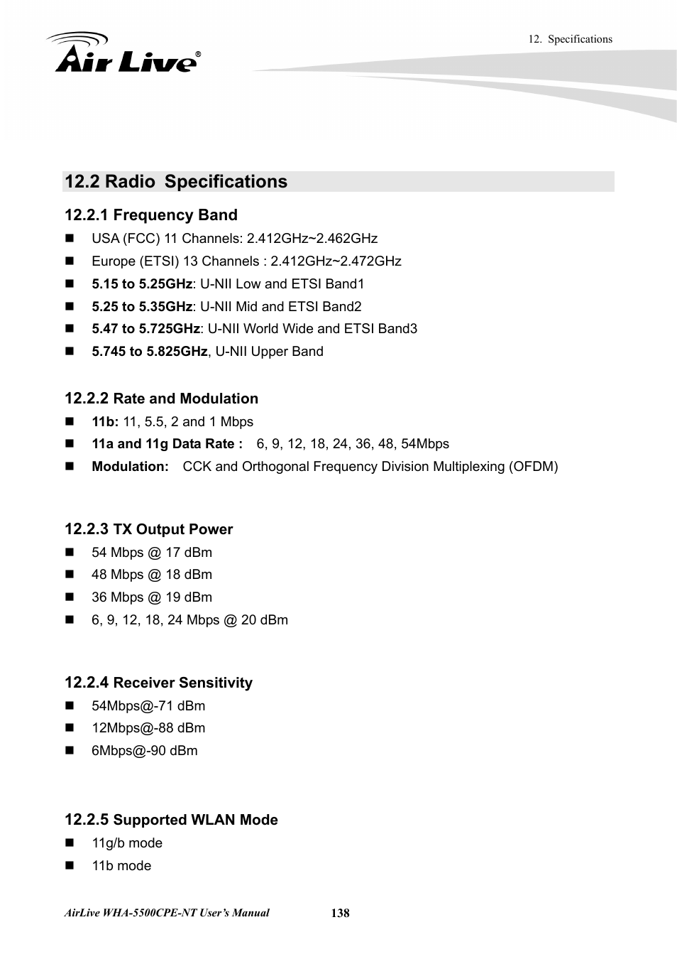 2 radio specifications | AirLive WHA-5500CPE-NT User Manual | Page 144 / 161