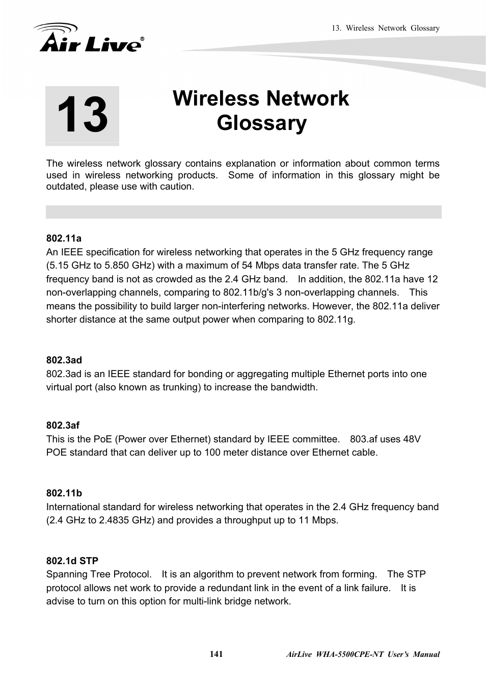 Wireless network glossary | AirLive WHA-5500CPE-NT User Manual | Page 147 / 161