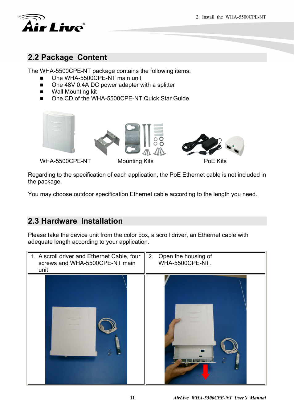 2 package content, 3 hardware installation | AirLive WHA-5500CPE-NT User Manual | Page 17 / 161