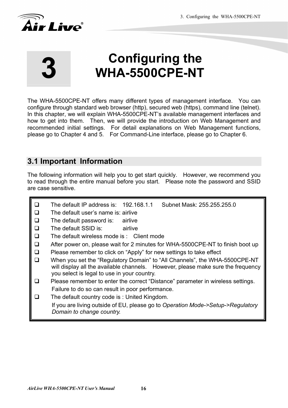 Configuring the wha-5500cpe-nt, 1 important information | AirLive WHA-5500CPE-NT User Manual | Page 22 / 161