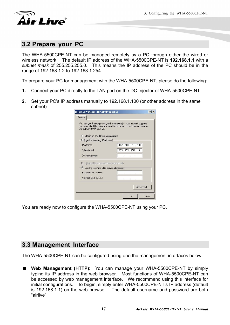 2 prepare your pc, 3 management interface, Web management (http) | AirLive WHA-5500CPE-NT User Manual | Page 23 / 161