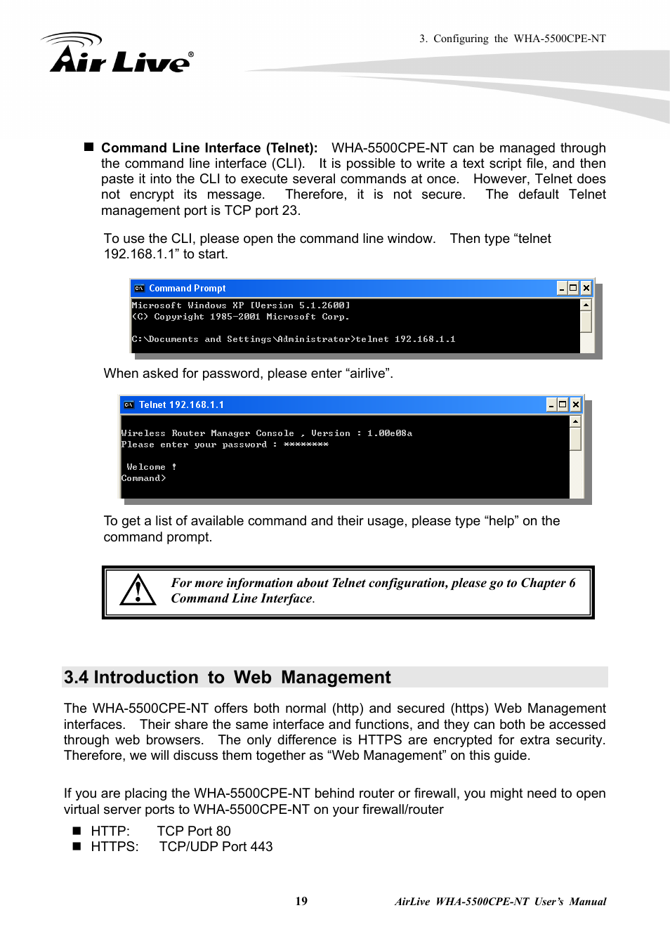 4 introduction to web management, Command line interface (telnet) | AirLive WHA-5500CPE-NT User Manual | Page 25 / 161