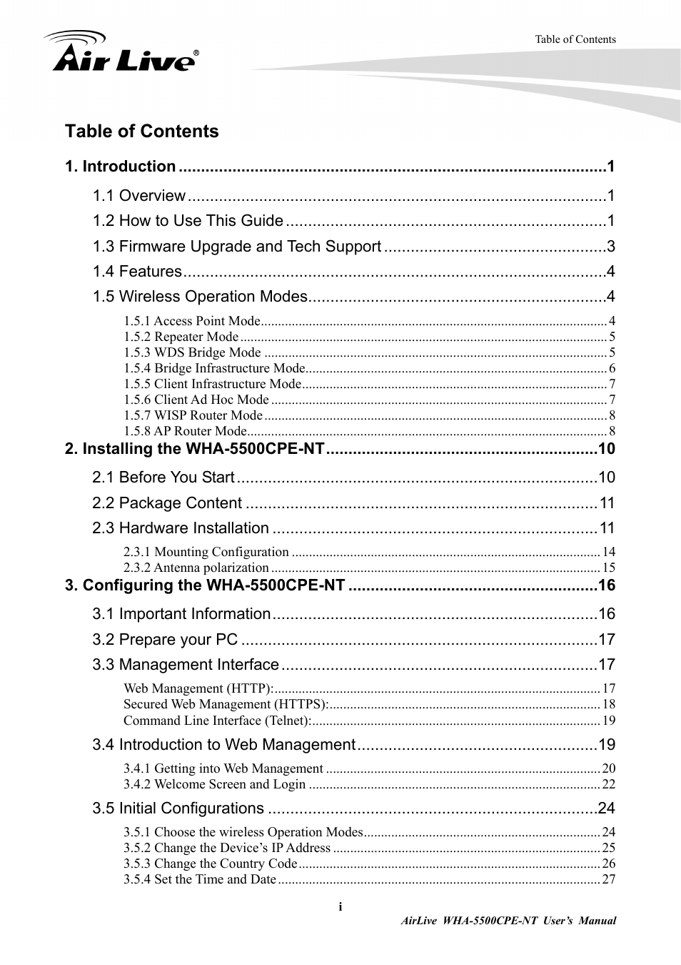 AirLive WHA-5500CPE-NT User Manual | Page 3 / 161