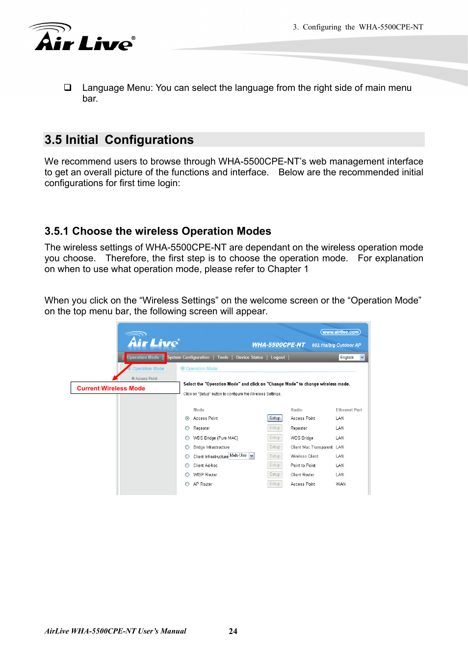 5 initial configurations, 1 choose the wireless operation modes | AirLive WHA-5500CPE-NT User Manual | Page 30 / 161