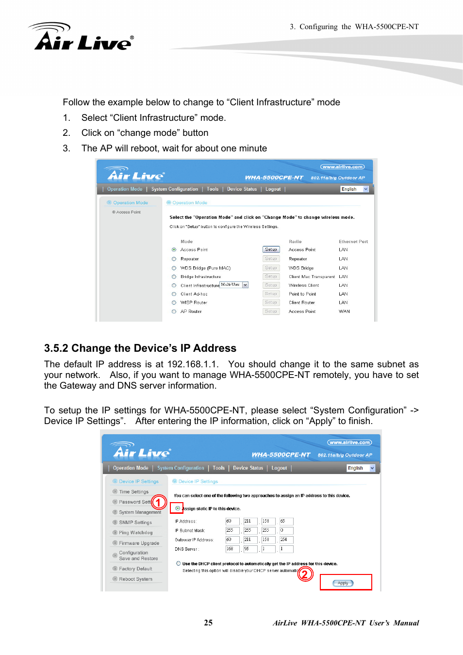 2 change the device’s ip address | AirLive WHA-5500CPE-NT User Manual | Page 31 / 161