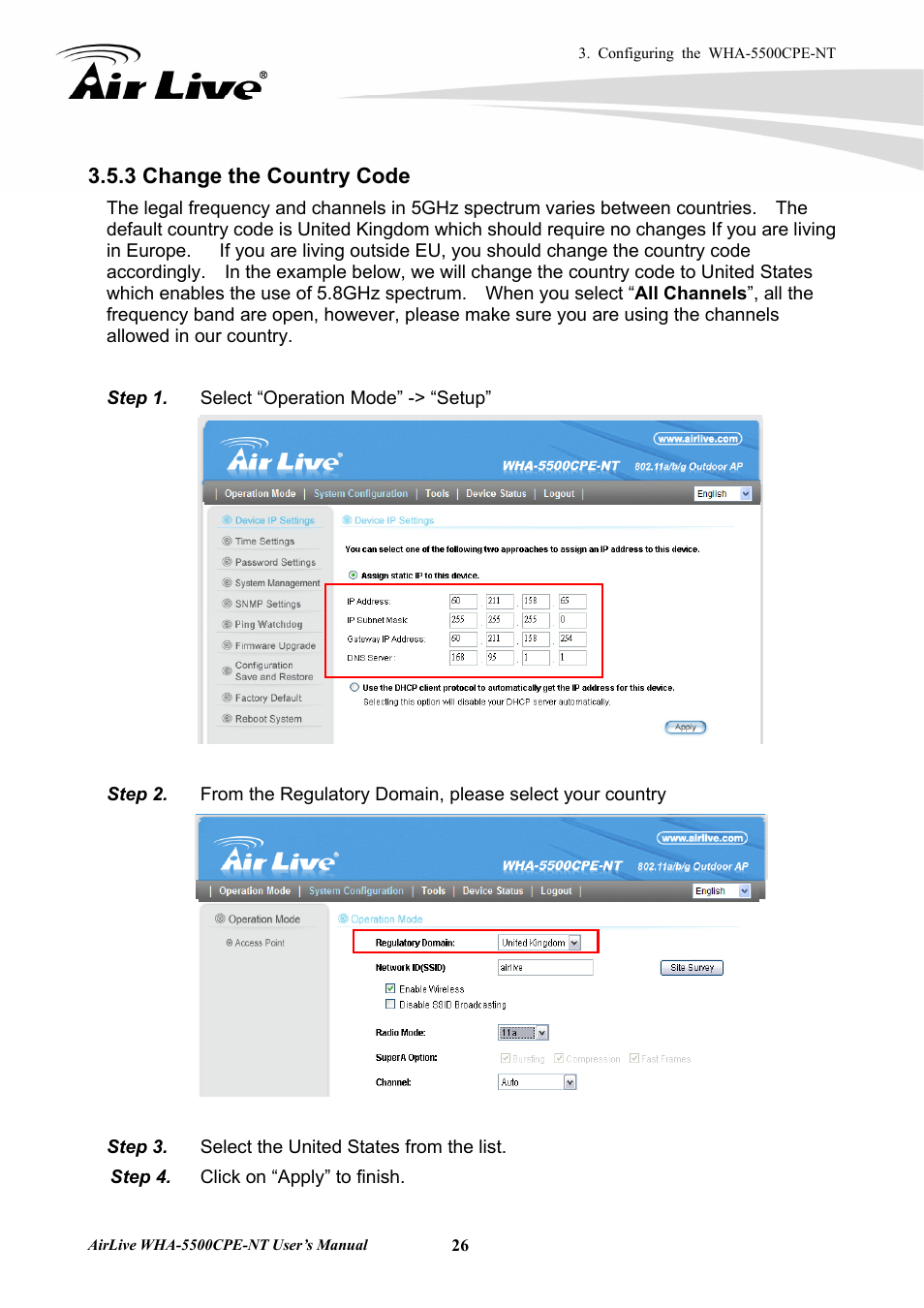 3 change the country code | AirLive WHA-5500CPE-NT User Manual | Page 32 / 161