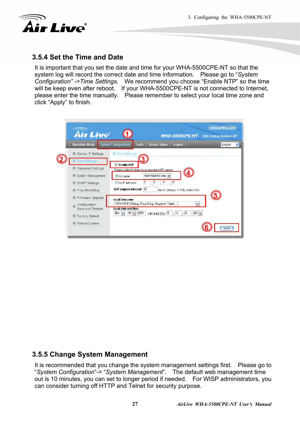 4 set the time and date, 5 change system management | AirLive WHA-5500CPE-NT User Manual | Page 33 / 161