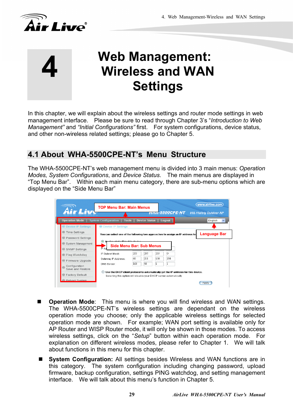 Web management: wireless and wan settings, 1 about wha-5500cpe-nt’s menu structure | AirLive WHA-5500CPE-NT User Manual | Page 35 / 161