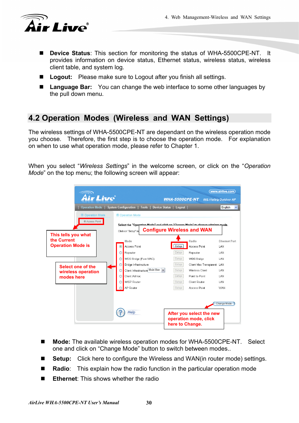 2 operation modes (wireless and wan settings) | AirLive WHA-5500CPE-NT User Manual | Page 36 / 161