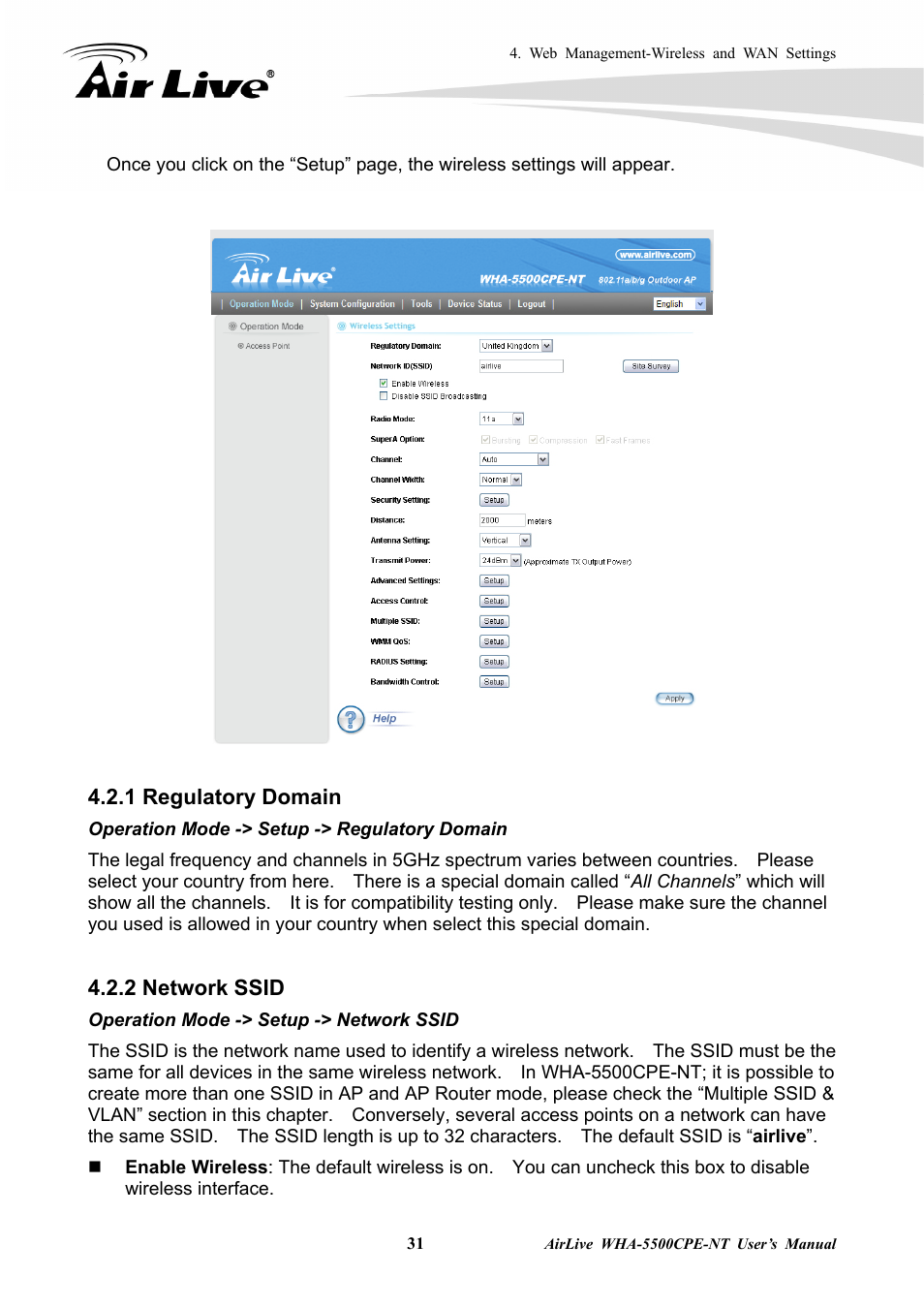 1 regulatory domain 4.2.2 network ssid | AirLive WHA-5500CPE-NT User Manual | Page 37 / 161