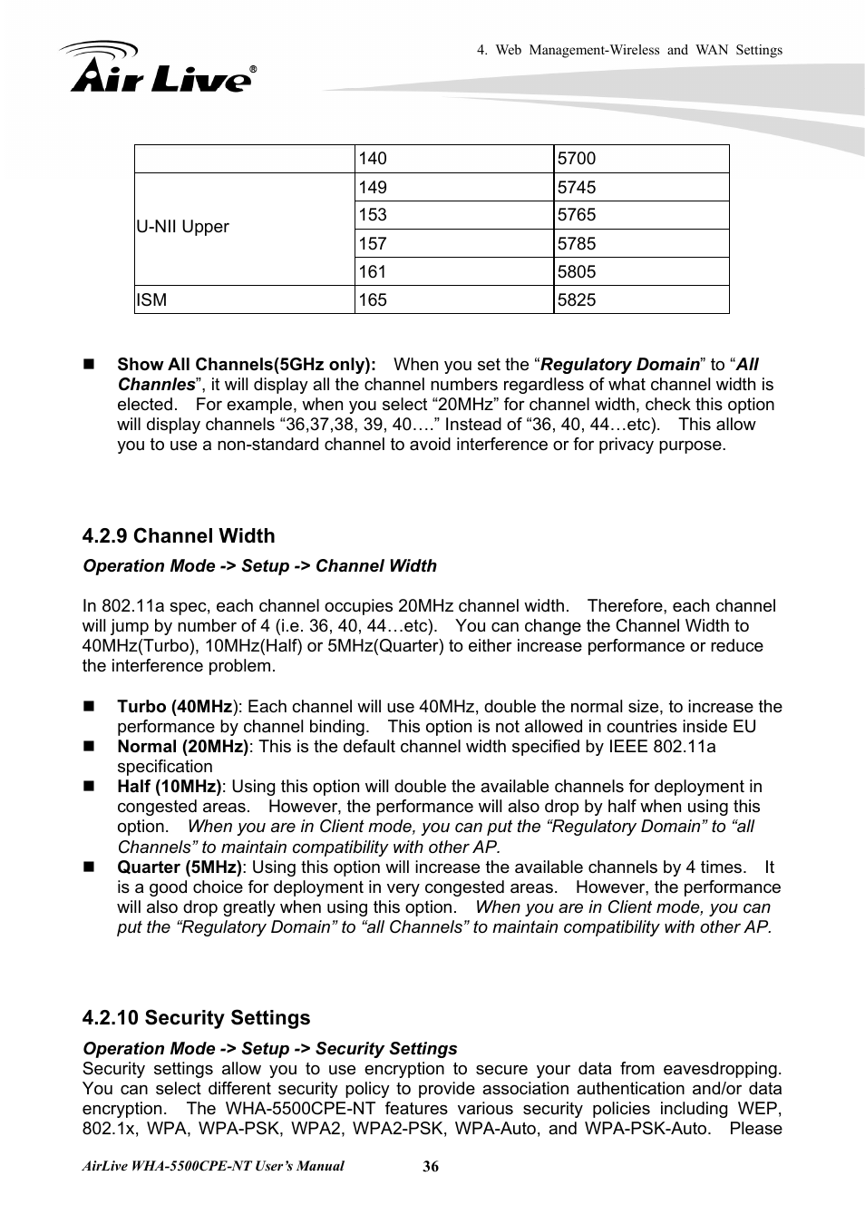 9 channel width 4.2.10 security settings | AirLive WHA-5500CPE-NT User Manual | Page 42 / 161