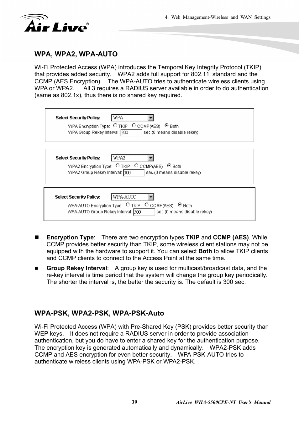 Wpa, wpa2, wpa-auto, Wpa-psk, wpa2-psk, wpa-psk-auto | AirLive WHA-5500CPE-NT User Manual | Page 45 / 161