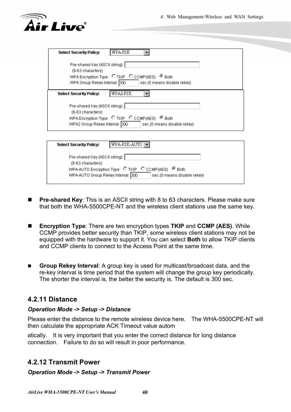 11 distance, 40 4.2.12 transmit power, 12 transmit power | AirLive WHA-5500CPE-NT User Manual | Page 46 / 161